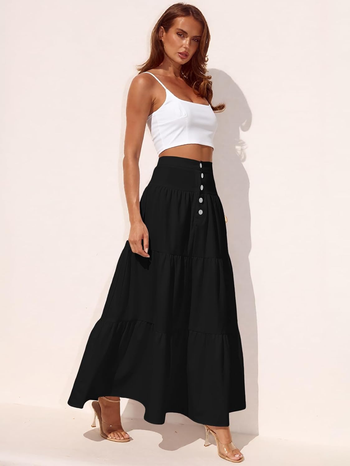 YUUNDAI Women’s High Waist Tiered Maxi Skirt Flowy Boho Long Skirt with Pockets - Image 5