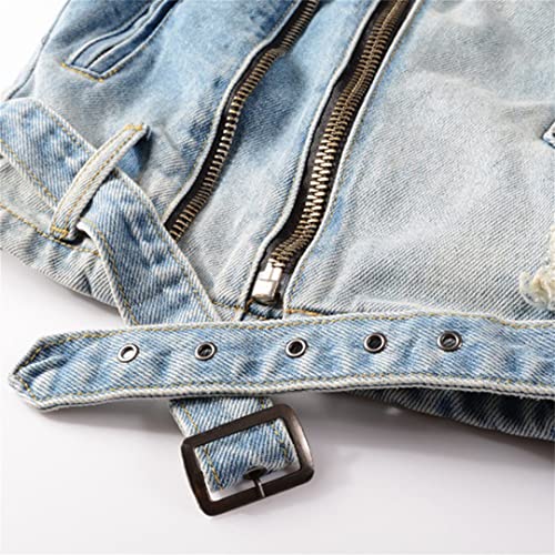 Men's Holes Ripped Blue Jean Biker Jacket Motorcycle Streetwear Zippers Turn Down Collar Denim Coat Blue 4Xl #TOP4