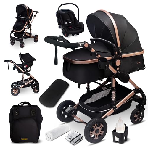 GaGaGaDumi Florida 3 en 1 cochecito completo con asiento de coche - Baby Stroller 3 en 1 TÜV - Cochecito combinado 3 en 1 juego completo de neumáticos completos, bolsa de pañales, negro/oro