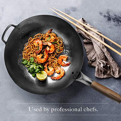 Wok con fondo redondo y tapa, acero al carbono 14" miniatura 4