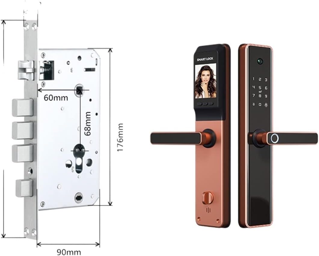 Diagram showing the dimensions of the mortise lock body and the smart door lock panels.