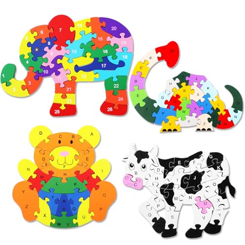 Image of Yunsailing 4 Pcs Alphabet Jigsaw Puzzle Wooden Blocks Toys Alphabet Educational Toddler Puzzle Toys for Preschool Learning Party Favor Gift Learning(Elephant, Bear, Dinosaur, Cow)
