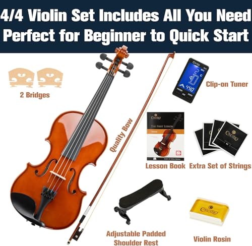 Image of Mendini By Cecilio Violin 4 /4 Full Size For Beginners - Fiddle Solidwood Kit with Hard Case - Acoustic Violins with Bow, Rosin, Tuner, Extra Strings & Bridge, Shoulder Rest and Lesson Book (Varnish)
