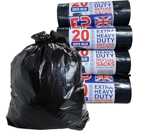 Heavy Duty Black Refuse Sacks Strong Rubbish Bags Bin Liners Large for Home Garden Kitchen House Office Caterers Rubbish 100% Recycled Material (80)