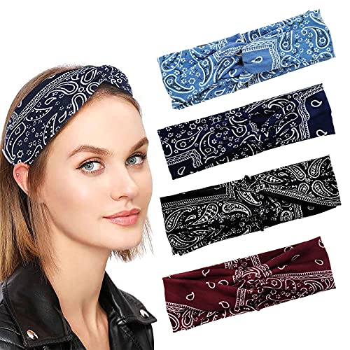 TAKUZA Lot de 4 bandeaux Boho Bandeaux Noir Bandeau Femme Yoga Head Wraps Vintage Bandeau Cheveux noué pour tous les jours Maquillage Yoga Sport Fitness Cover