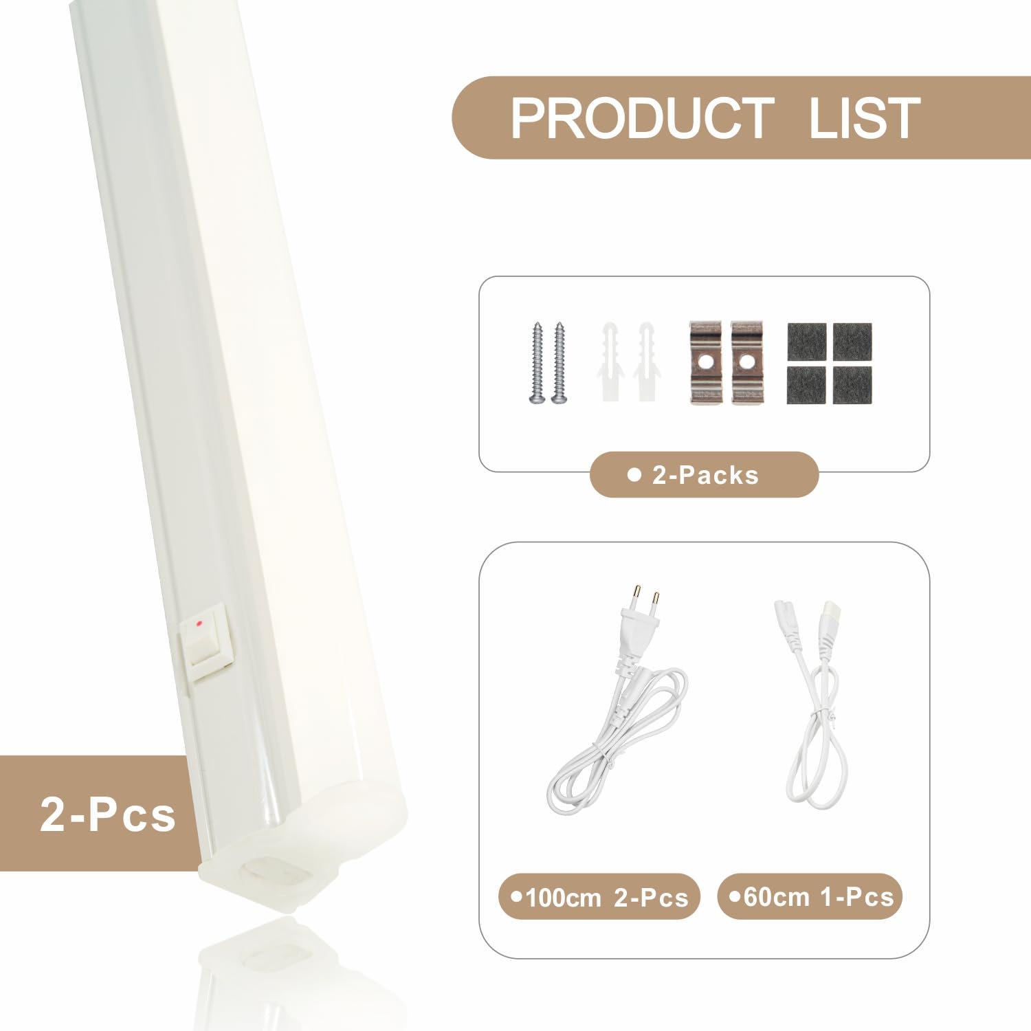 Réglette LED avec Interrupteur marche/arrêt Lot de 2, Neon LED 60 cm Couleur de Lumière Blanc Neutre 4000K, Connectable avec prise, Raccordement Possible de Jusqu'à 6 Luminaire pour Cuisine, Armoire