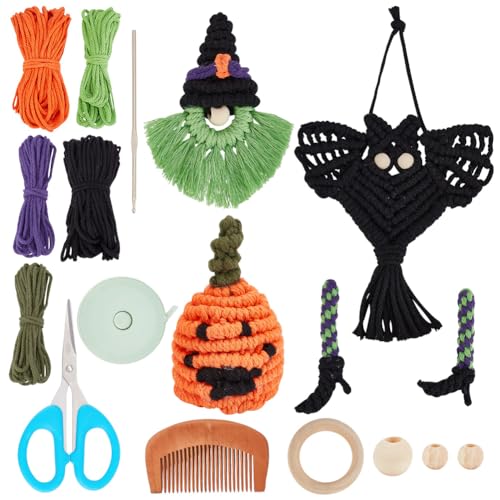 INFUNLY 4 Set Halloween DIY Macrame Kit Pumpkin Macrame Ornament Gnome Macrame Hanging DIY Kit for Beginners Black Bat Macrame Wall Hanging with Instruction Halloween Party Home Decor Bag Charm