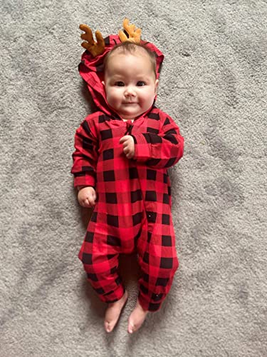 Infant Baby Boys Christmas Hooded Romper Jumpsuit Long Sleeve Elf Reindeer Onesie One-Piece Santa Xmas Clothes(Plaid,18-24M) #TOP3