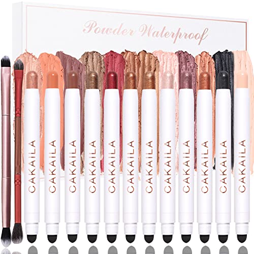 12PCS Eyeshadow Stick Soft Creamy Matte Shimmer Eye Shadow Pencil Crayon Highlighting Pigmented Shiny Eyeshadow Pencil Waterproof Classy Shimmer Eye Shadow Sticks Sets with 2PC Double End Eyeshadow Brush (12PCS)