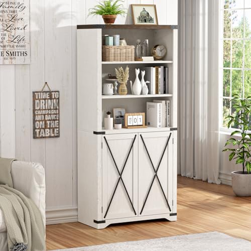Farmhouse Bookshelves and Bookcases with Doors Antique White Tall Bookshelf with Storage Cabinet Kitchen Pantry Bathroom Organizer 5 Tier Country Rustic Display Rack for Living Room Home Office