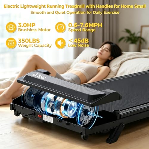 Image of Walking Pad Treadmill with Handle Bar and Incline for Home Small | Portable Walking Pad Treadmill with Handles and Incline, 3.0HP Electric Under Desk Treadmills for Home, 0.6-7.6MPH, 350LBS