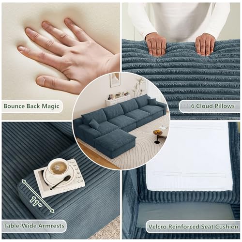 Image of 136 inch Cloud Couch Modular Sectional Sofa for Living Room, L-Shape Boneless Couch with Deep Seat, Modern Corduroy 6-Seater with Ottoman, No Assembly Required,Blue