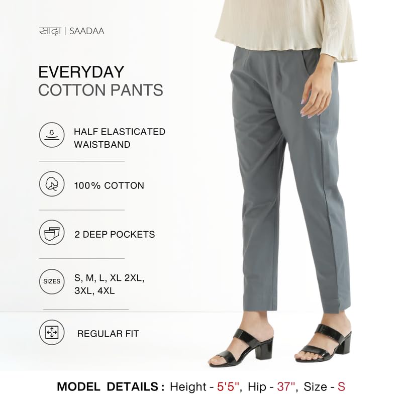 Image of SAADAA Women Cotton Pant Regular Slim Fit Mid Rise Trouser, Pocket Pants for Office School Formal Casual Daily Use