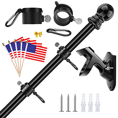 Flag Pole Kit, 6FT Stainless Steel Flag Pole for House with Bracket Tangle Free American Flagpole for Outside Residential Roof Porch Garden Yard Truck Commercial (Black Flag Pole with Black Holder)