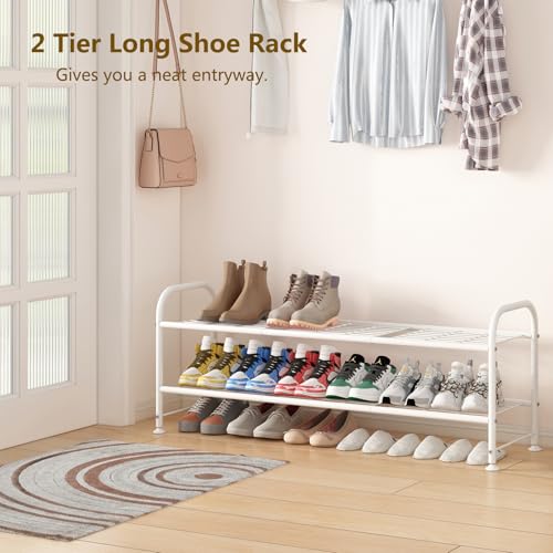 Image of LINZINAR Shoe Rack Long 2 Tier Shoe Storage Organizer Metal Wide Shoe Shelf for Closet Entryway Bedroom 18 Paris Large Capacity, White
