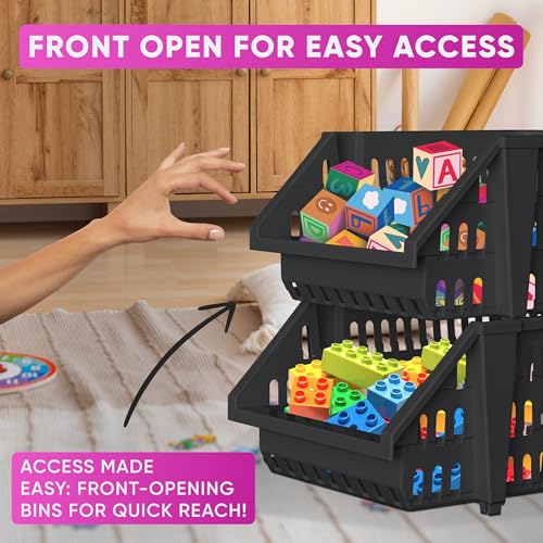 Skywin TidyFriend Small Plastic Stackable Storage Bins for Pantry,4 Pack Open Front Storage Bins, Toy Organizers, Kitchen, Bathroom Essentials (Black)