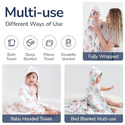 Image of Baby Hooded Towel 2 Pack, Ultra Absorbent & Soft Muslin Baby Towel - 32 x 32 Inches, Baby Bath Towel for Newborns, Infants & Toddlers, Ideal for Bath Time, Pool & Beach