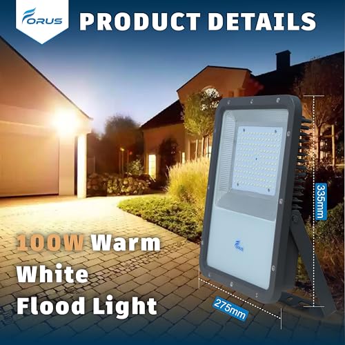 Image of Forus 100W LED Flood Light, IP67 Waterproof Outdoor LED Light, High Mast Focus Warm White Light, 4-Yr Warranty, Energy Efficient Halogen Replacement for Factory, Garage, Parking, Garden, Shop (1 PC)