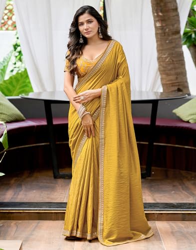 Image of SIRIL Women's Shimmer Silk Sequence Embroidery Lace two Tone Saree With Embroidery Unstitched Blouse Piece