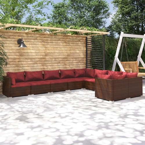 Gecheer Conjunto de Terraza o Balcón Emma con Cojines,Sillón,Sofás para Patio,Sofa Jardin con Cojines para Terraza Balcón,4X Esquina + 5X centrales,Marrón y Rojo