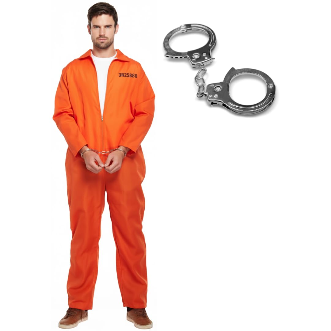 Prisoner Costume Men With Handcuffs - Orange Jumpsuit Prison Outfit Convict Costume For Halloween Costumes Men Adult, Fancy Dress & Parties, Robber, Prison, Jail, Boiler Suit Dress Up, One Size
