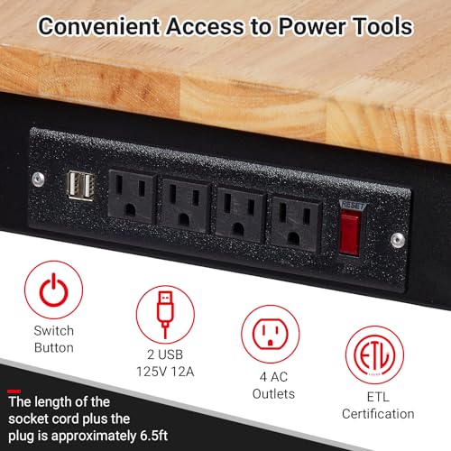 48" x 24" Workbench, MERXENG Heavy Duty Work Bench with Power Outlet, Scales, Pegboard, 6 Hooks, 2200 LBS Load Capacity, 8 Adjustment Height Work Table for Garage, Workshop, Office, Home, Wheels