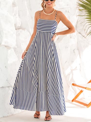 Image of CUPSHE Womens Summer Maxi Dress Casual Sleeveless Square Neck Striped Beach Long Dress with Pockets
