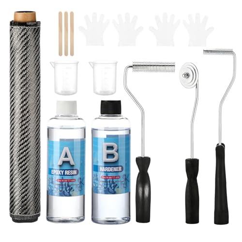13 Pcs Carbon Fiber Repair Set 60" x 12" Carbon Fabric Fiber Cloth Roll 3pcs Fiberglass Resin Bubble Roll Tools 8oz Epoxy Resin &amp; Hardener Measuring Cups Sticks Gloves for Cars Bike Boat