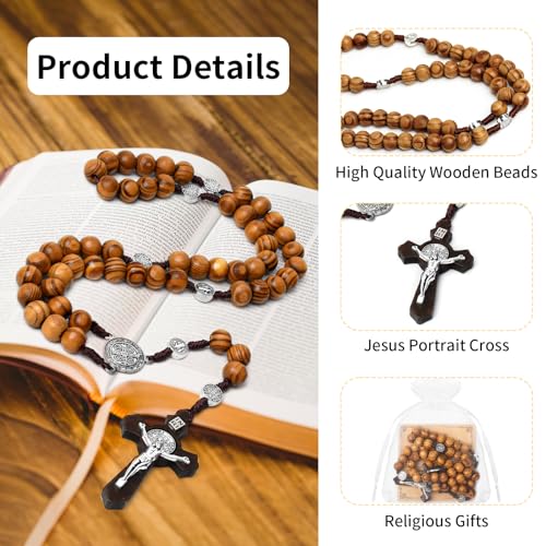 Wooden Rosary Necklace, Handmade Rosary Beads Necklace, Prayer Holy Soil Medal and Metal Cross For Catholic Or Christian Gift, Pouch Baptism Favors Gift3