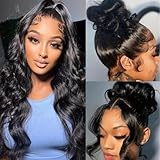 KGIFH 360 Body Wave Lace Front Wigs Human Hair 360 HD Full Lace Wig Pre Plucked Invisi Strap Drawstring Wig Human Hair for Women 180 Density Glueless 360 Lace Frontal Wig 24 Inch