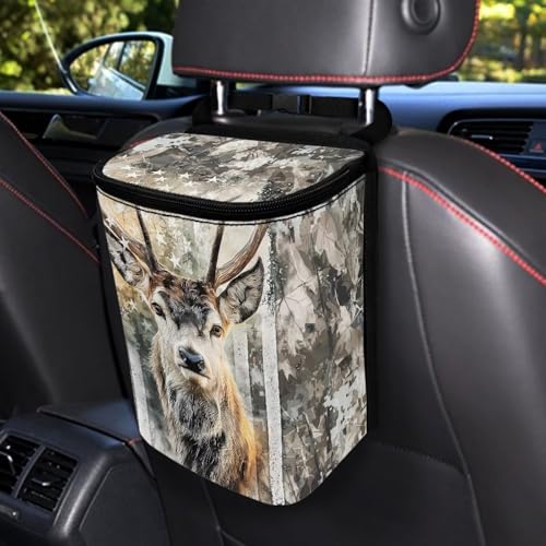 Image of Talayituse Hunting Camo Elk American Flag Print Car Trash Can with Lid, Leak Proof Auto Trash Bag Hanging Vehicle Garbage Can Multipurpose Storage Container for Back Seat Road Trip