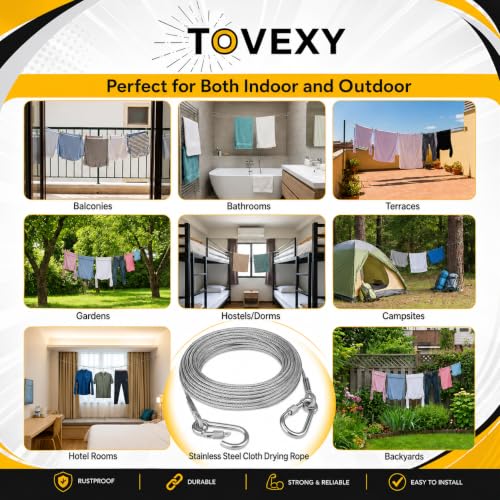 Image of Heavy Duty Stainless Steel Clothes Drying Rope 10 Meter with Hooks | Strong Rust Resistant Clothesline for Balcony, Bathroom, Travel & Camping | Cloth Drying Wire Indoor & Outdoor Use
