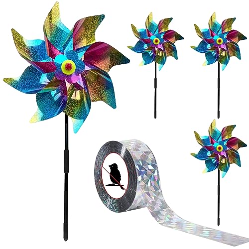 5 PCS Molinillos de Viento para Pajaros,Molinillo de Viento,Molino de Viento,Molinillo de Viento Jardin,Molino de Viento Jardin,con Cinta Espantapajaros,Protege Jardines,Huertas,Granjas(Vistoso)