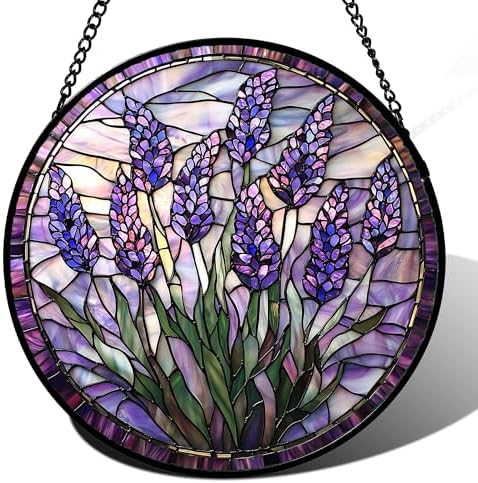 Stained Glass Window Hanging - Purple Flowers Suncatcher for Door...