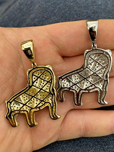 Harlembling Solid 925 Sterling Silver - Natural Or 14K Gold Finish - Fully Iced Hip Hop Pitbull Dog Pendant - 2" Great For Any Necklace (Natural Silver) #TOP5