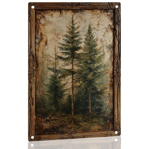 Vintage Pine Trees Painting Metal Sign Forest Landscape Aluminum Metal