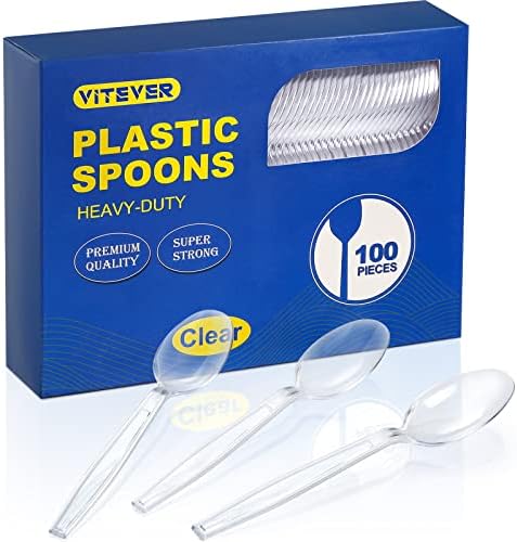 [100 Count] Heavy Duty Plastic Spoons, Premium Disposable Spoons, Durable Plastic Cutlery for for Parties, Picnics, Big Event, Daily Use - Heat Resistant & BPA Free - Clear