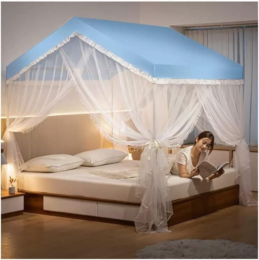 Moustiquaire avec support en métal bleu pour lit double 180x200 cm