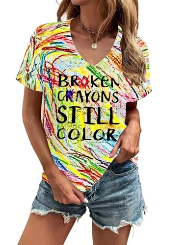 Funny V Neck T Shirt Women Mental Health Awareness Shirt Cute Letter Print Short Sleeve Shirt Tops4