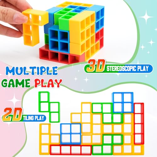 WuGU 48 Stück Tetra Tower Spiel, Tower Spiel für Kinder Erwachsene, Balance Team Stapelspiele Creative Stack Attack Spielzeug Wackelturm Stapelturm für 2 Spieler +, Kinderspiel Geburtstag Geschenk