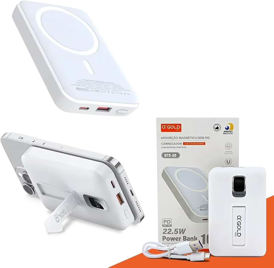 Power Bank Indução 10000 mAh, Carregador Portátil Turbo 20W, Cabo Tipo C e iPhone Embutido, Botão Liga e Desliga, Entrada USB e Tipo C, Tecnologia Power Delivery, Carregamento Super Rápido