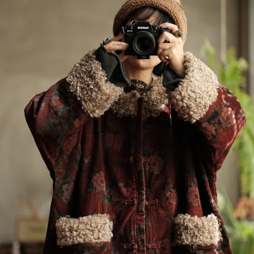 NFYM Women's Warm Parka Flower Print Quilted Long Jacket Faux Shearling Lamb Wool Trim Corduroy Winter Jacket4