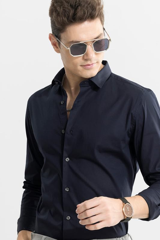Image of SNITCH Men's Plain Shirts | Formal Wear Streetwear Style | Cotton Spread Full Sleeve Slim Fit Navy