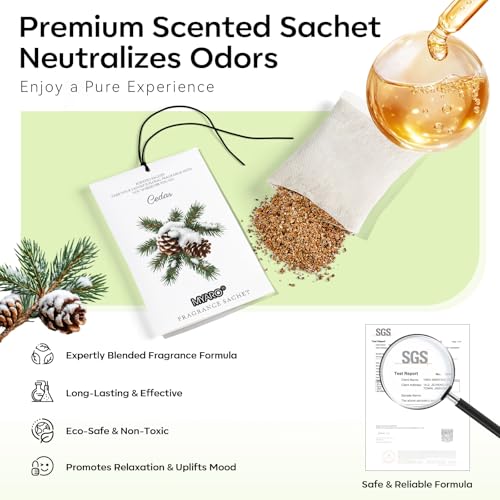 Image of MYARO 12 Pack Cedarwood Scented Sachets for Drawer, Closet & Small Spaces Air Freshener Bags, Odor Eliminator for Car, Shoes, Gym Bag Home Fragrance Gift Set