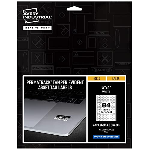 Image of Avery White Asset Tag Labels, 1 /2 inch x 1 inch, Tamper-Evident Laser Printable Tags, 672 Waterproof Labels (60534)