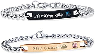 Uloveido His and Hers Titanium Stainless Steel Matching Necklace and Bracelet Set His Queen and Her King Couples Bracelet Valentine's Day Gifts ST117