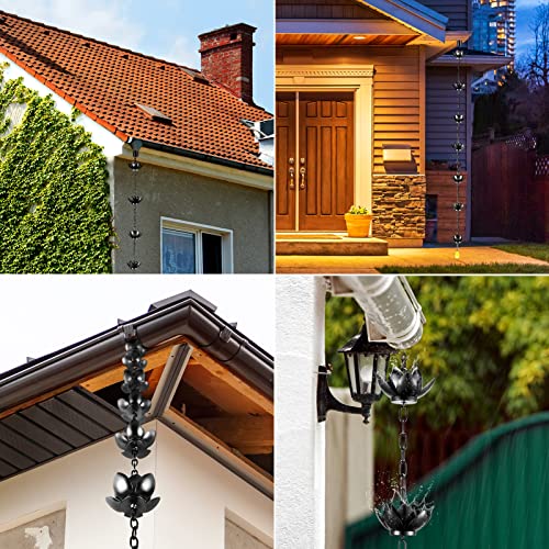 Image of Oak Leaf Rain Chain with Adapter, 8.5ft Adjustable Lotus Rain Catcher Chain for Gutters Outside Downspout, for Divert Water and Home Display, Black Powder Coated