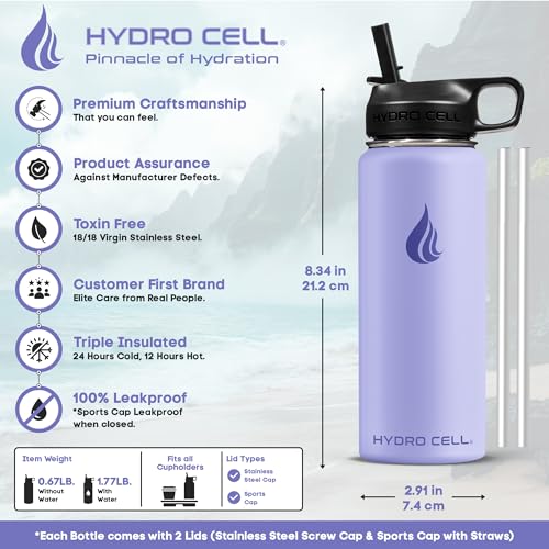 Image of HYDRO CELL Stainless Steel Insulated Water Bottle with Straw - For Cold & Hot Drinks - Metal Vacuum Flask with Screw Cap and Modern Leakproof Sport Thermos for Adults (Lilac 18oz)