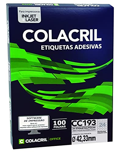ColaCril Etiqueta Adesiva Ink-Jet/Laser Carta, Redonda, CC193, Branco, diâmetro de 42.33 mm, envelop