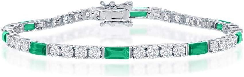 Created Ruby/Emerald/Sapphire 3mm Round and Emerald Cut Simulated CZ Diamond 7.25’’ Tennis Bracelet Sterling Silver Jewelry for Women